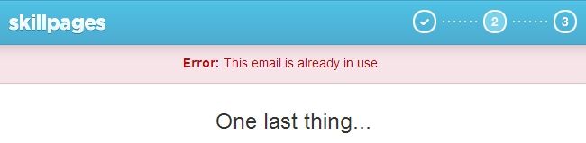 Screenshot from SkillPages website, with message 'Error: This email is already in use
