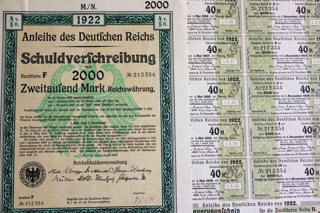 german 2000 mark govt treasury bond   coupons 1922 - hyper