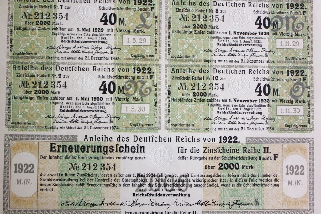 german 2000 mark govt treasury bond   coupons 1922 - hyper