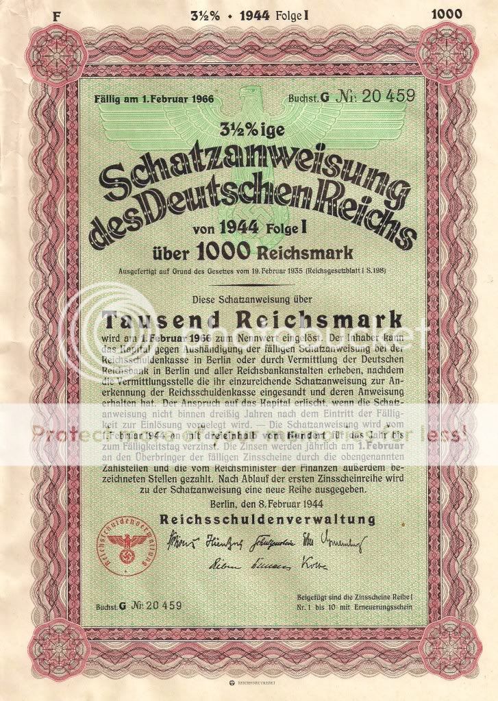 1000 RM German Nazi War Bond 1944 Swastika CV $269.95  